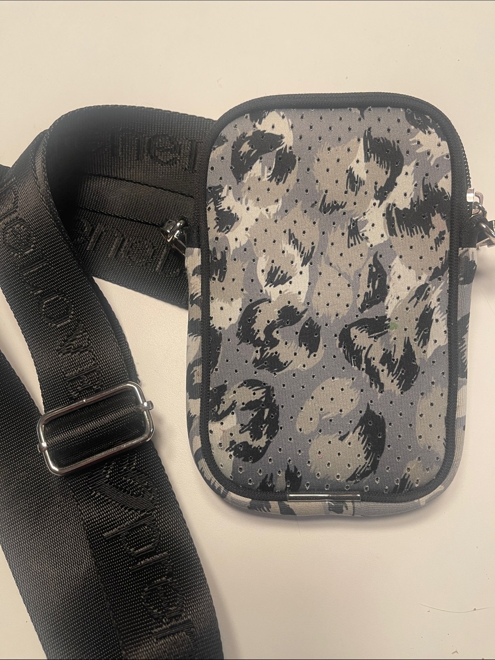 Gray Leopard-Print Crossbody Belt Bag with Black Strap